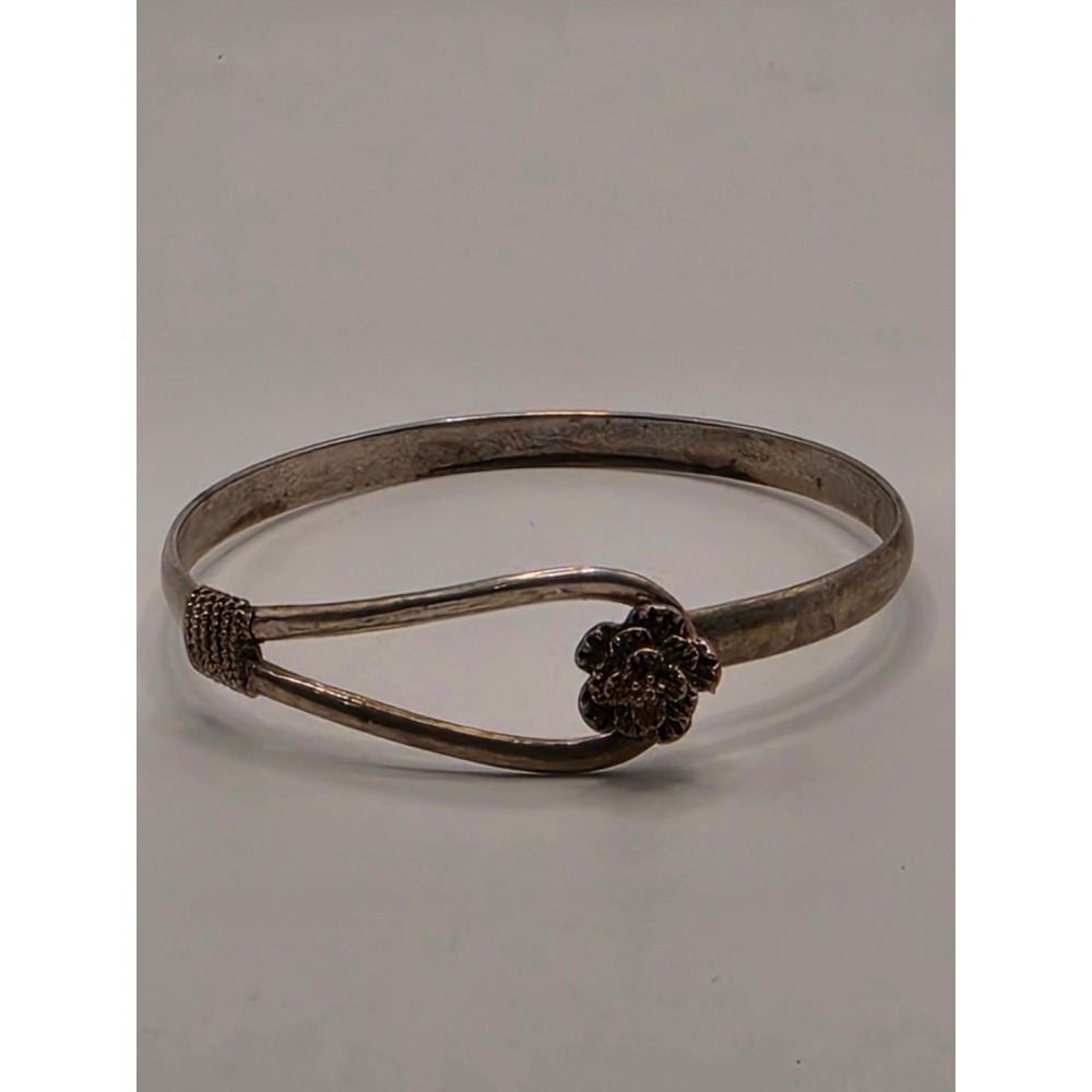 Sterling Silver S925 Rose Flower Bangle Bracelet Hook Eye Loop Floral Vintage